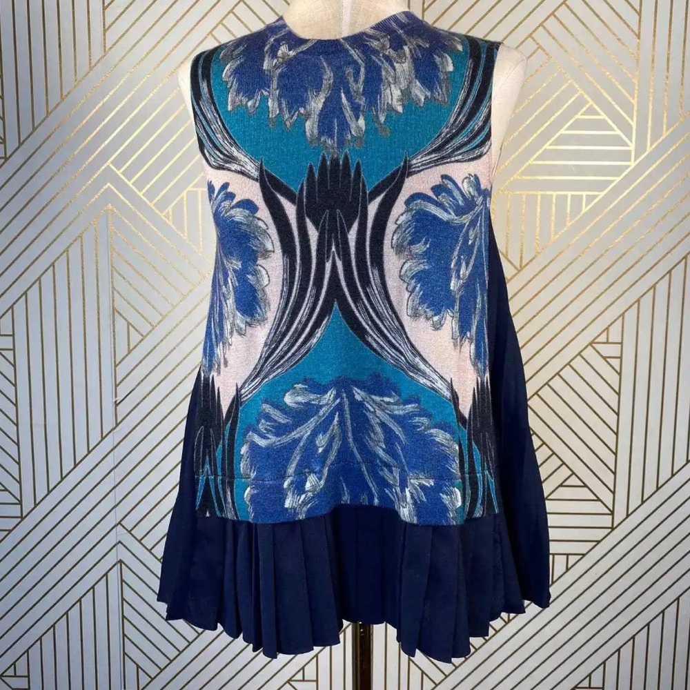 Yigal Azrouel Blue Black Artsy Print Cashmere Silk Nylon Accordion‎ Back M
